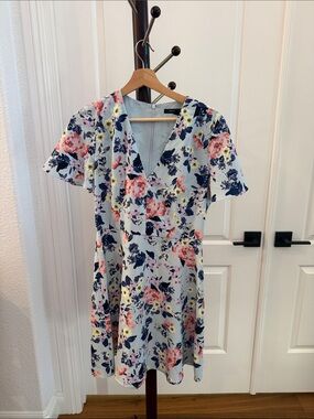 French Connection Light Blue Floral V-Neck Mini Dress